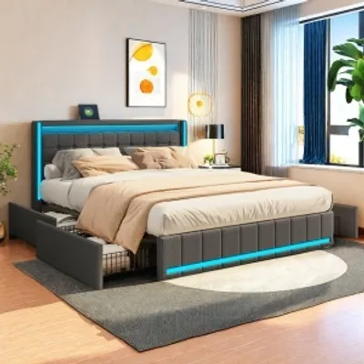Image de UnboxG Lit rembourré 140x200cm avec fonction de recharge (USB&Typ-c), lit de rangement lit double avec sommier à lattes et 4 tiroirs, lit d'adolescent avec LED, lit en bois lit fonctionnel, lin, gris