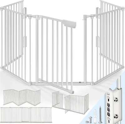 A white metal baby gate is shown in a semi-circular configuration, with additional smaller panels and hardware displayed below.