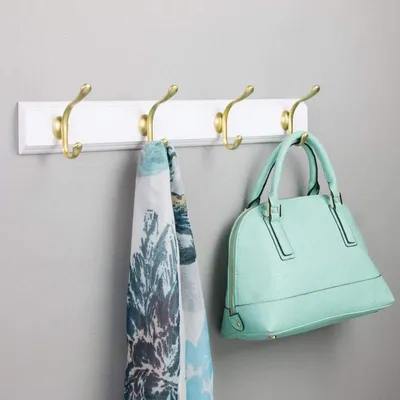 Produktbild von Wandgarderobe Flurgarderobe Garderobe mit 4 Haken mDesign Kiefernholz weiß gold
