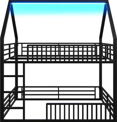 Produktbild von Merax Etagenbett Hochbett 140x200 cm, Kinderbett mit LED, Schreibtisch, offenem Kleiderschrank, Stockbett, Eisenbett, Jugendbett, Schwarz