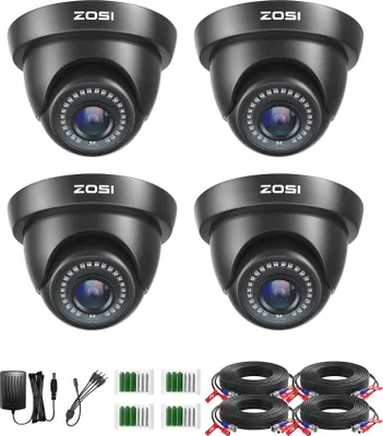 Four ZOSI security cameras are displayed along with their accessories.