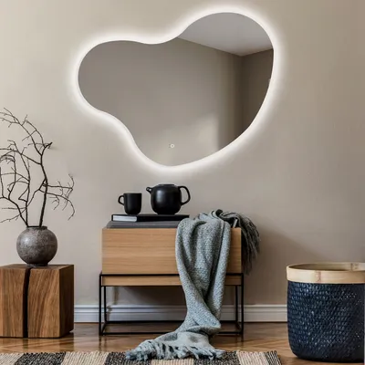 Produktbild von Unregelmäßiger asymmetrischer Spiegel mit LED Beleuchtung 104x84 cm - mit LED Beleuchtung - LED Farbe Kaltweiß 7000K - Individuell Nach Maß - Beleuchtet Wandspiegel Lichtspiegel Badezimmerspiegel - Sensor Schalter - NER221