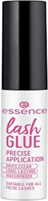 A bottle of Essence Lash Glue with text describing its features.