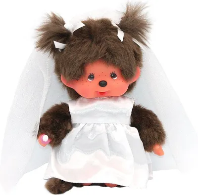 A Monchhichi doll dressed as a bride, shown from the chest up against a white background.