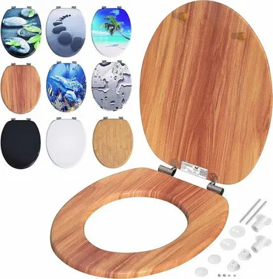 Image de Siège de toilette Famanu avec double mécanisme de fermeture douce - MDF avec noyau en bois, hygiénique, charnières inoxydables