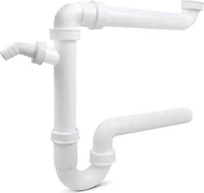 A white plastic sink trap with a horizontal outlet and a device connection.