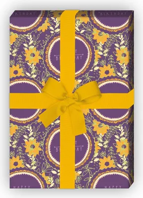 Produktbild von Happy Birthday Geschenkpapier mit Blumen auf lila - G7612, 32 x 48cm