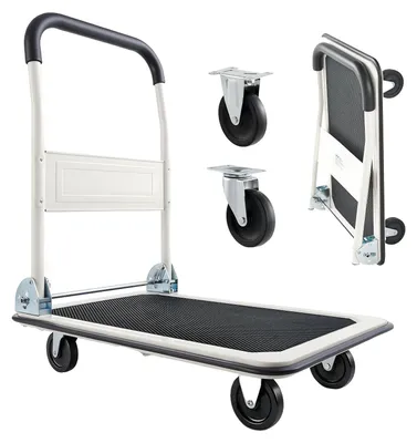 Produktbild von VEVOR Faltbarer Schiebewagen, 149,69 kg Tragfähigkeit, faltbarer Plattformwagen mit schwenkbaren Rädern, bewegliche Plattform-Handwagen, Flachbettwagen, verstellbarer Schiebegriff, für einfache Lagerung, 680 x 495 x 115 mm, 330 lbs-a, Legierter Stahl-a