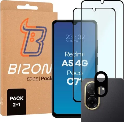 A product package for screen protectors and a lens protector for a Xiaomi Redmi A5 4G / POCO C71 4G phone, along with the phone itself and the screen protectors.