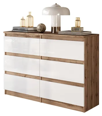 Produktbild von Kommode Wotan Eiche / Weiß Hochglanz mit 6 Schubladen – Modernes Sideboard für Schlafzimmer & Wohnzimmer – Skandinavische Kommode – GABRIEL