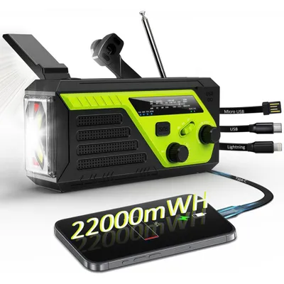 Produktbild von Solar radio mit 4 verschiedenen Ladekabeln, 6000mAh, Selbstbetriebenes Kurbelradio mit LED-Taschenlampe, AM/FM,4-Wege-Aufladung,Powerbank,Notfallradio