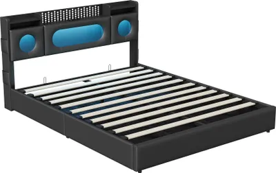 Produktbild von Bett - Doppelbett - 140x200 cm - Hydraulischer Bettkasten - Kopfteil mit Stauraum - Steckdosen & LED-Beleuchtung - Schwarz