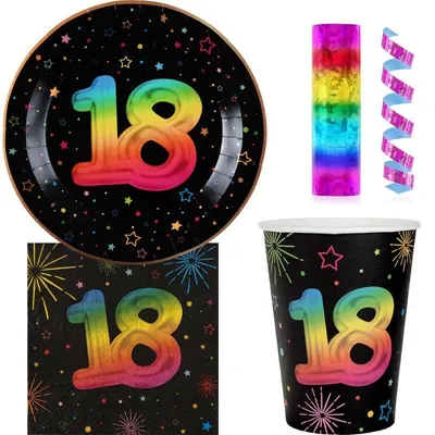 Produktbild von 18. Geburtstag Einweggeschirr bunt Partyset Party Geschirr Pappteller Pappbecher Servietten