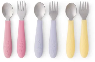 Produktbild von PromoHome® Kinderbesteck 6-teilig – Edelstahlgabeln und -löffel mit Silikongriff – rutschfest – spülmaschinenfest – Rosé/Lila/Zitrone