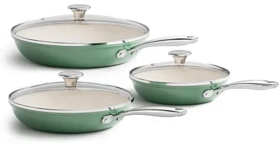 Productafbeelding van Set van 6 pannen met keramische coating, antiaanbaklaag, geschikt voor inductie, afmetingen 20/24/28 cm, groen, ovenbestendig