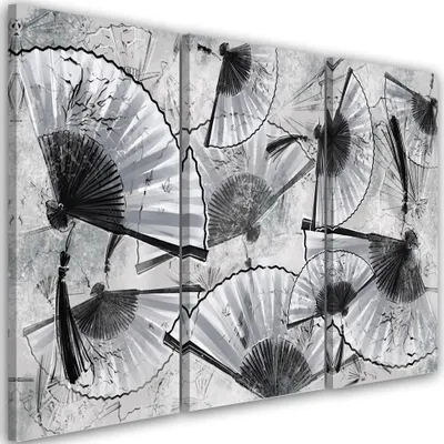 Produktbild von Triptychon auf leinwand japanische fächer 120x80 cm Feeby grau wandbild bereit zum aufhängen