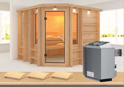 Produktbild von Karibu Sauna Innenkabine Marona Innensauna 3 Sitzbänke aus Holz , Saunakabine mit 40 mm Wandstärke, Dampfsauna mit Montagematerial