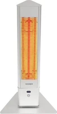 A silver electric heater with an orange glowing heating element, standing on a white triangular base.