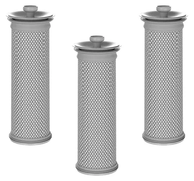 Three identical cylindrical filters are arranged in a row against a white background.