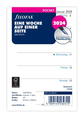 Produktbild von Filofax Kalender Einlage Pocket: Eine Woche auf einer Seite 2024 deutsch