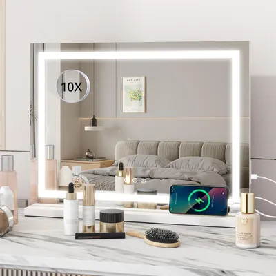Obrázek produktu pro Puluomis make-up zrcadlo kosmetické zrcadlo 58x45 cm hollywoodské zrcadlo, stmívatelné s LED osvětlením 3 barvy, 2 v 1 stolní zrcadlo nástěnné zrcadlo čtvercové