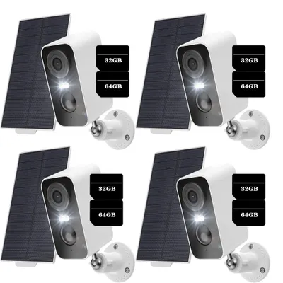 Obrázek produktu pro 4X 3MP FHD venkovní dohledová kamera dobíjecí baterie se solárním panelem, 100% bezdrátový kamerový dohled venkovní solární32 & 64GB paměťová karta