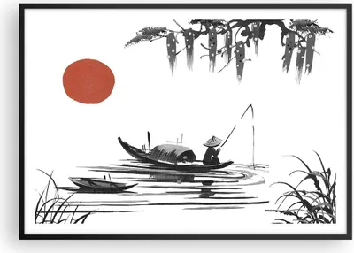Produktbild von Gerahmtes Poster - Schwarzer Rahmen - China Angler Zeichnen - 100x70 cm - Wand Bild - Wanddeko - Wandbilder - Wandposter - Bilderrahmen - Bilder - Kunstdruck - Wandbild - P2BAA100x70-4340
