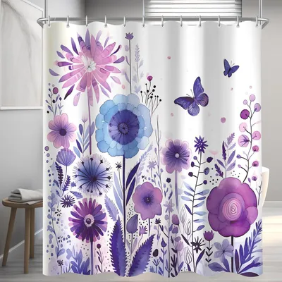 Obrázek produktu pro Sprchový závěs 180x200cm Fialový květ Motýl Vodoodpudivý s očky