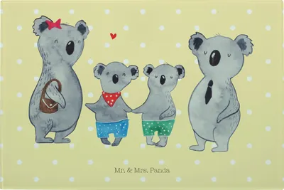 Produktbild von Mr. & Mrs. Panda Schneidebrett Aus Glas Koala Familie zwei - Gelb Pastell - Geschenk, Koalabär, schneidunterlage, schneidbrett, Glasschneidebrett, Muttertag
