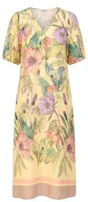 Produktbild von Bianca Kleid ANNE mit floralem Allover-Print, kurzen Ärmeln und V-Ausschnitt, Gelb-Mix, Größe 38