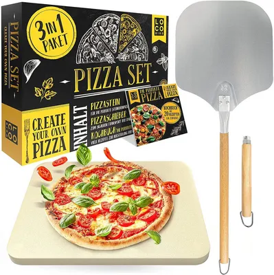 Produktbild von Backstein für Backofen & Gasgrill inkl. Pizzasschieber, 3er Set, Pizzastein rechteckig aus Cordierit, Pizzaschieber und Rezeptbuch