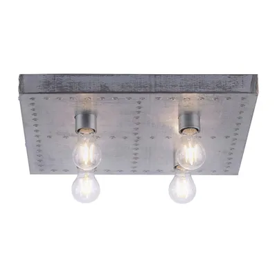 A square, industrial-style ceiling light fixture with four exposed Edison-style bulbs.