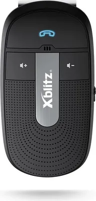A close-up studio shot of a black and gray Bluetooth hands-free car kit.