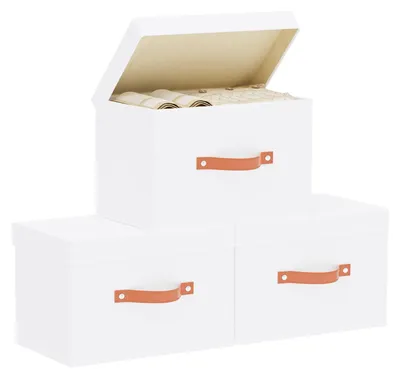Image de Lot de 3 boîtes de rangement avec couvercles, boîtes de rangement blanches, organiseurs pour armoire, boîtes de rangement pliables en tissu pour le salon
