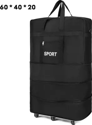 A black rolling suitcase with the word "SPORT" printed on it, set against a white background. Dimensions are displayed in the top left corner.