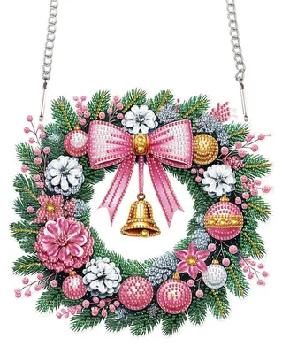 Obrázok produktu pre Obraz na maľovanie diamantmi, motív: vianočný ornament na okno, 24x22 cm, s reťazou, na zavesenie na stenu, ružový vianočný veniec