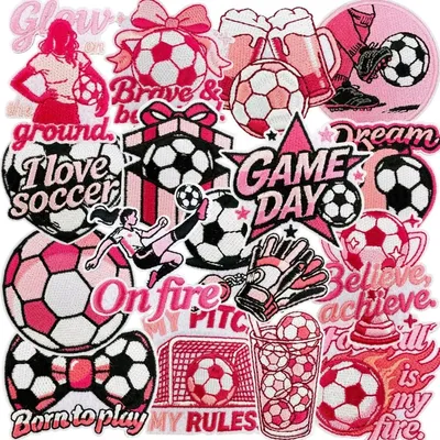 16 Fußball-Aufbügelpatches, bestickt, rosa, für Kleidung