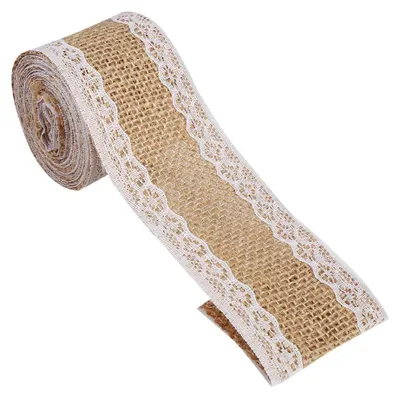 Produktbild von Natürliches Jute-Sackleinenband mit weißer Spitze, rustikaler Stil, für Hochzeit, Party, Basteln, Dekoration #1