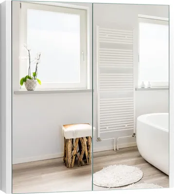 Produktbild von Spiegelschrank Badezimmerschrank, Haengeschrank mit rahmenlosen Doppelspiegeln, Badezimmerspiegel Badspiegel aus Holz, 2 Einlegeboeden, Badschrank Wandschrank 62 x 11,5 x 65 cm weiss