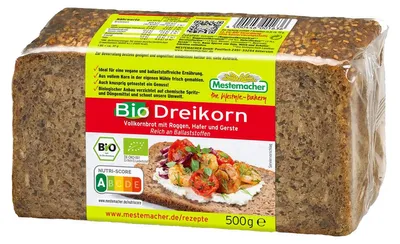 Zdjęcie produktu dla Mestemacher Organiczny Chleb Trójziarnisty Pełnoziarnisty Bogaty w Błonnik 500g