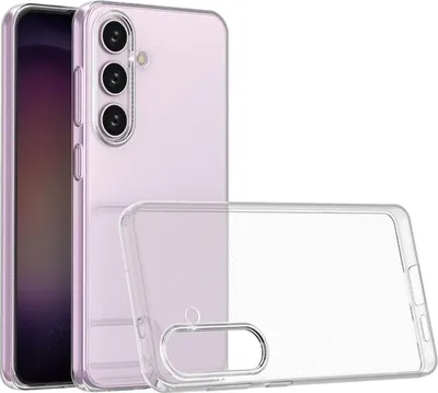 A transparent phone case is shown next to a purple smartphone.