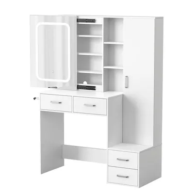 A white vanity table with a mirror and storage compartments, shown against a white background.