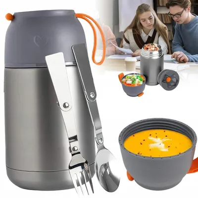 Produktbild von Edelstahl Thermosbehälter für Lebensmittel, 650ml, mit Besteck