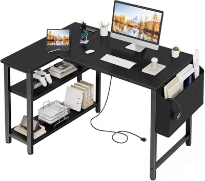 Image de Bureau d'angle avec prise électrique - Bureau en L pour ordinateur - Aménagement de bureau à domicile - Fonction de charge intégrée - 105 cm - Noir