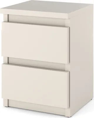 A product shot of a beige nightstand with two drawers.