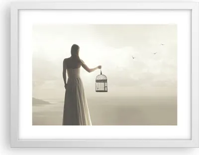 Produktbild von Gerahmtes Poster - Weißer Rahmen - Frau Käfig Vogel - 40x30 cm - Wand Bild - Wanddeko - Wandbilder - Kunstposter - Wandposter - Bilderrahmen - Bilder - Kunstdruck - Wanddekoration - P2WAA40x30-4787
