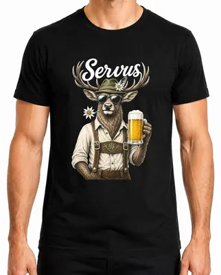 Zdjęcie produktu dla Spodnie skórzane "Hirsch" (bawarskie), koszula tradycyjna "Bier Trachten", sukienka "Dirndl", koszulka męska "Wiesn", czarna, rozmiar XXL