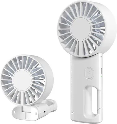 Immagine prodotto di Ventilatore portatile a mano - Ventilatore da tavolo senza fili - 4 velocità regolabili - Ricaricabile tramite USB - Con gancio a moschettone - Ventilatore da collo - Mini ventilatore - Ideale per la casa, l'ufficio, l'esterno e i viaggi - Bianco