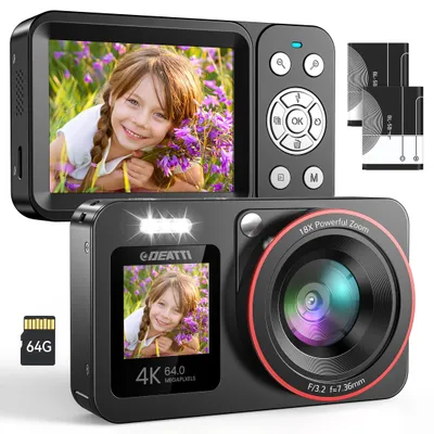 Produktbild von Digitalkamera, 4K FHD 64MP Fotokamera, Kompaktkamera mit Zwei Bildschirme, 18X Autofokus, 2,8-Zoll-Bildschirm, 64G SD Karte