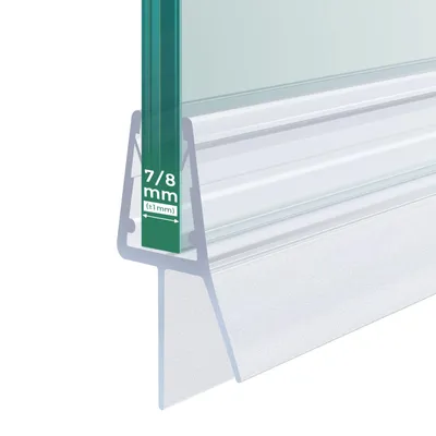 A close-up of a shower door seal with a measurement indicator.